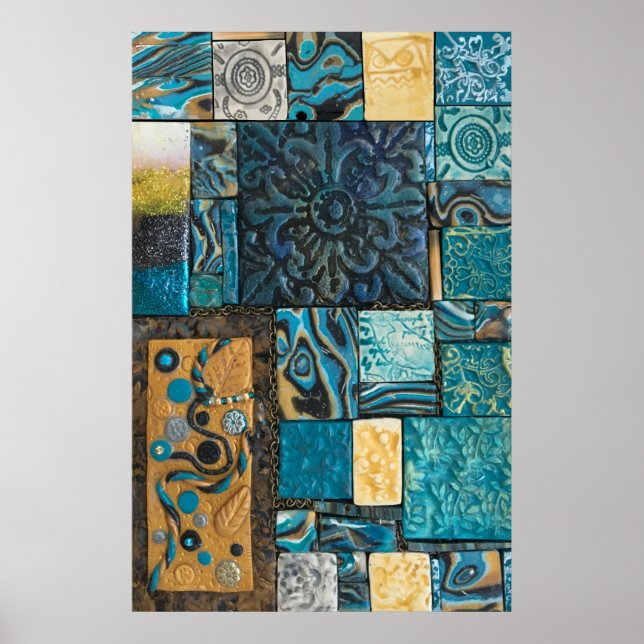Poster Carreaux de mosaïque turquoise et or (Devant)