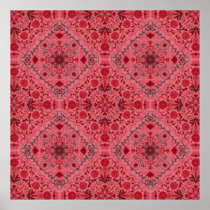 Poster Carreaux floraux en rouge et rose pastèque