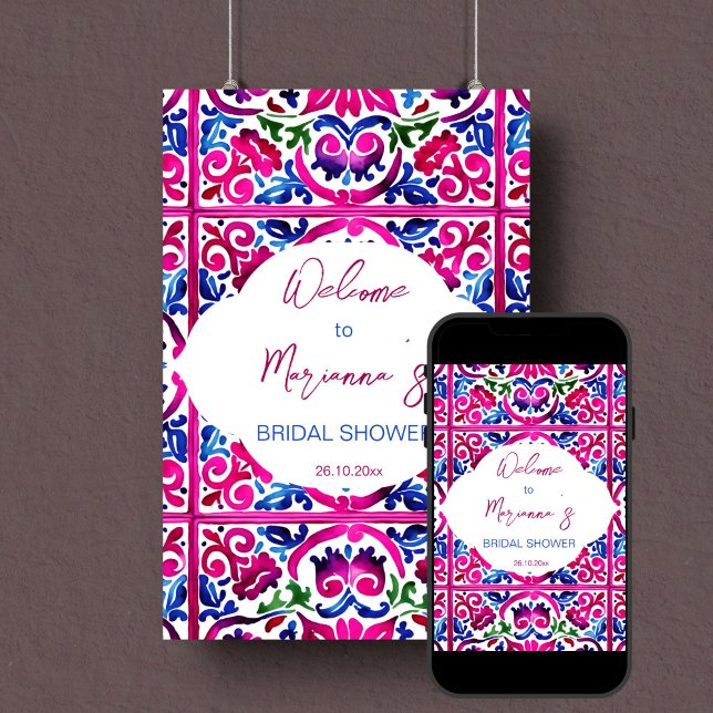 Poster Carreaux rose bleu mexicain signe de bienvenue dou (Mexican pink blue Talavera tiles fiesta Mexicana bridal shower welcome sign editable template poster)