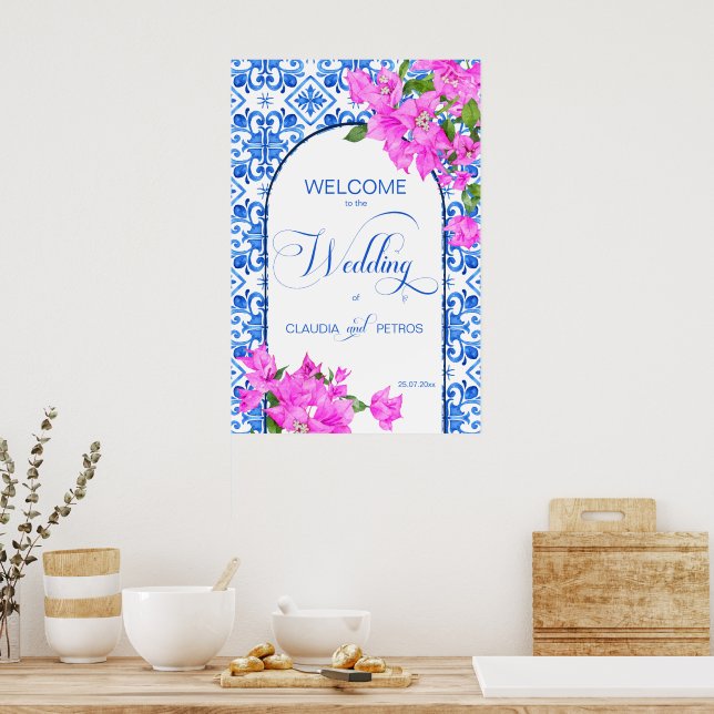 Poster Carrelage bleu et Bougainvillier élégant panneau d (Cuisine)