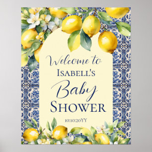 Poster Carrelage bleu italien aquarelle bébé citron bienv