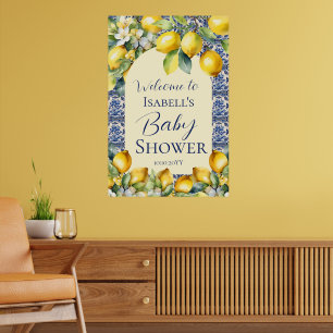 Poster Carrelage bleu italien aquarelle citron bébé accue