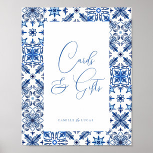 Poster Carrelage bleu méditerranéen et agrumes Cartes et
