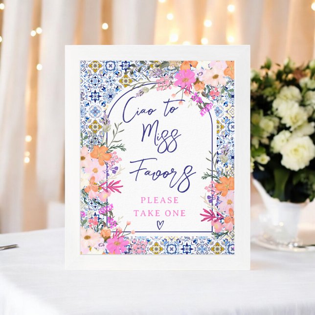 Poster Carrelage méditerranéen Fête des mariées florale F (Mediterranean Tile Floral Bridal Shower Favors Poster)