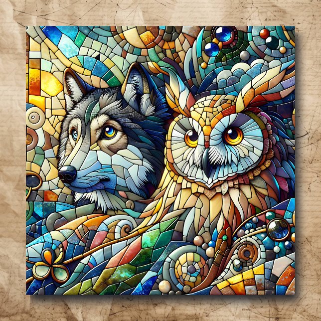 Poster Carrelage mosaïque Loup et hibou (Créateur téléchargé)