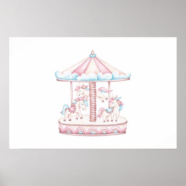 Poster Carrousel d'aquarelle lunaire Unicorn (Devant)