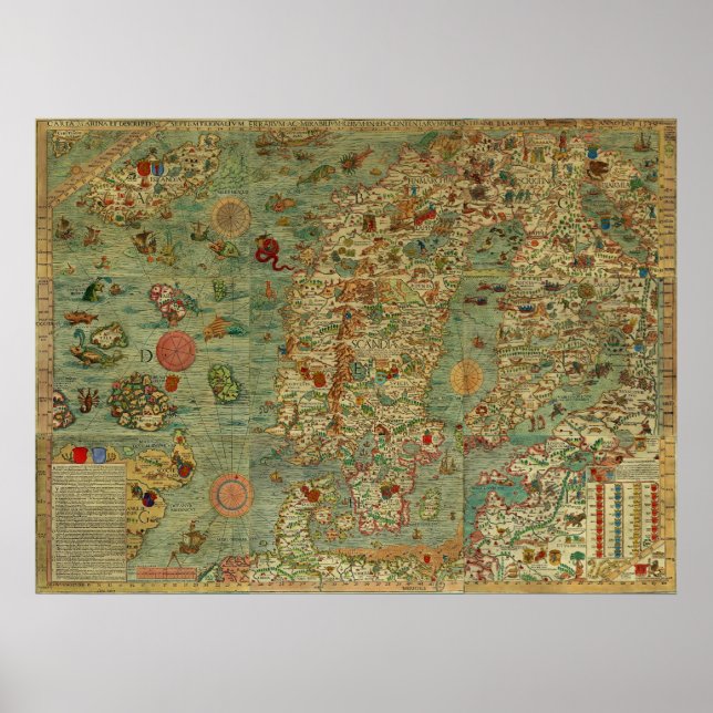 Poster Carta Marina Carte de Scandinavie par Olaus Magnus (Devant)