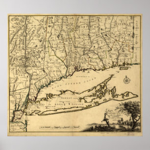 Poster Carte 1780 du Connecticut et du Long Island, NY