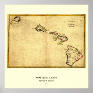 Poster Carte 1837 - îles d'Hawaï de cru hawaïennes