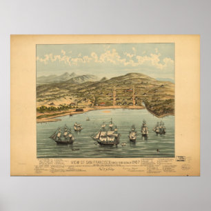 Poster Carte 1846 panoramique de vue d'oeil d'oiseaux de