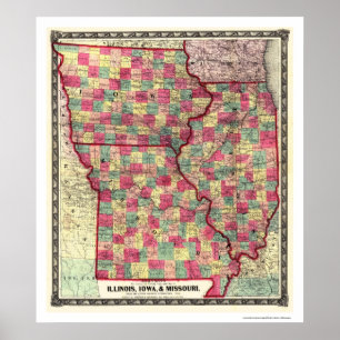 Poster Carte 1859 de chemin de fer de l'Illinois Iowa