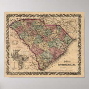 Poster Carte 1865 de la Caroline du Sud