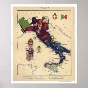 Poster Carte 1868 de caricature de l'Italie