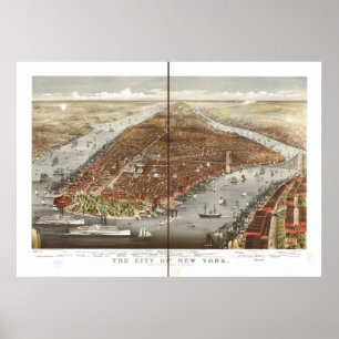 Poster Carte 1876 panoramique de vue d'oeil d'oiseaux de