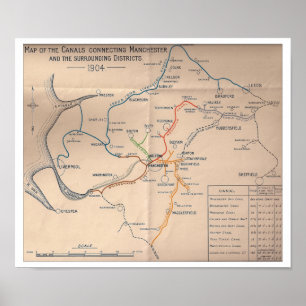 Poster Carte 1904 des canaux reliant Manchester