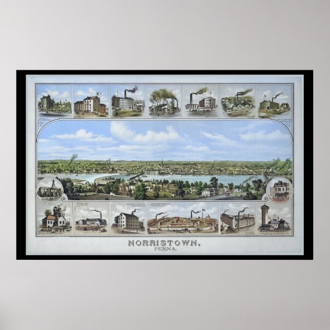 Poster Carte aérienne 1881 Norristown PA Pennsylvania Pos (Devant)