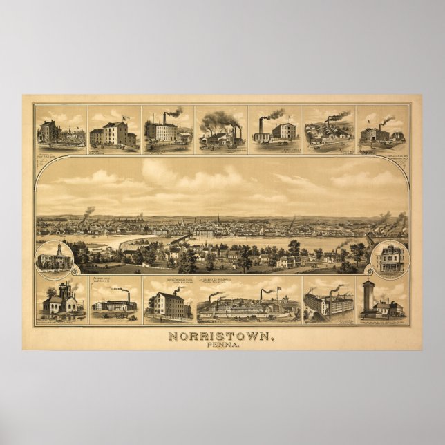 Poster Carte aérienne 1881 Norristown PA Pennsylvanie (Devant)