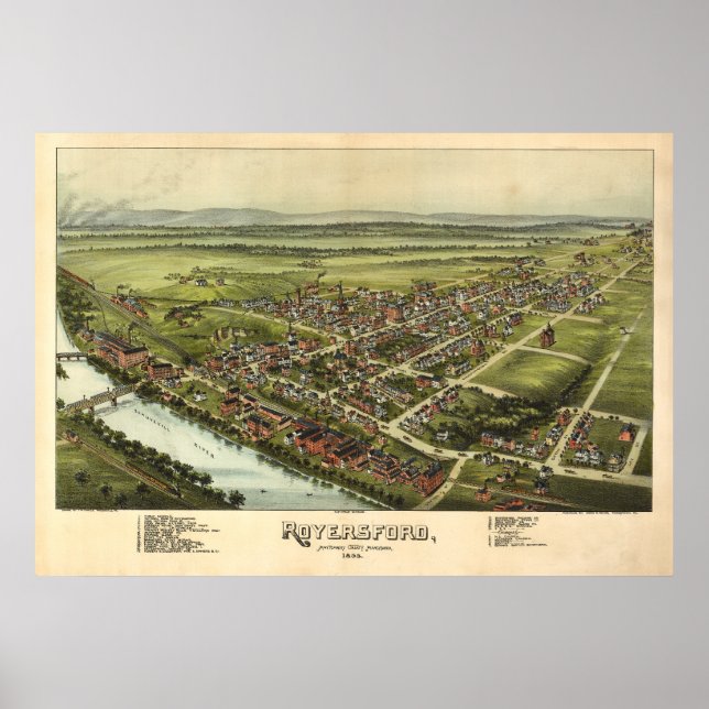 Poster Carte aérienne 1893 Royersford PA Pennsylvanie (Devant)