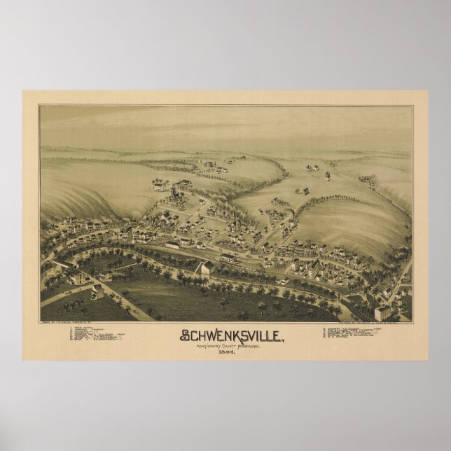 Poster Carte aérienne 1894 Schwenksville PA Pennsylvanie (Devant)
