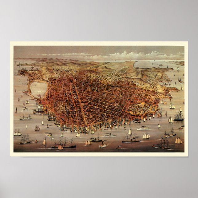 Poster Carte aérienne antique de San Francisco, Californi (Devant)