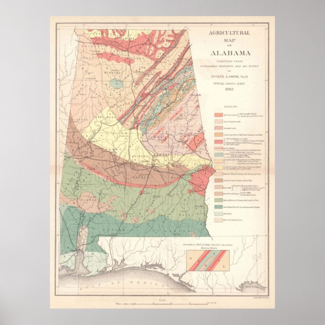 Poster Carte agricole vintage de l'Alabama (1882) (Devant)