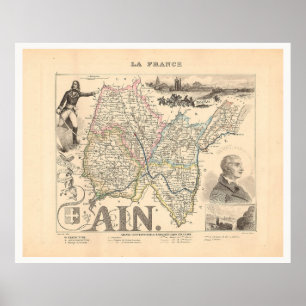 Poster Carte Ain Department France 1858 Alexandre Vuillem