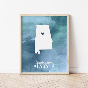 Poster Carte Alabama Aquarelle bleue Art personnalisé