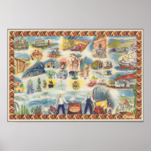 Poster Carte allégorique de Mexico et d'environs