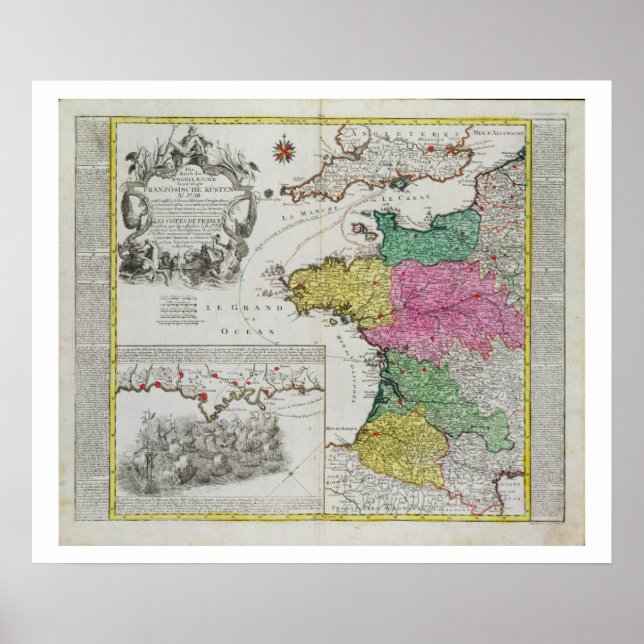 Poster Carte allemande montrant les attaques navales angl (Devant)