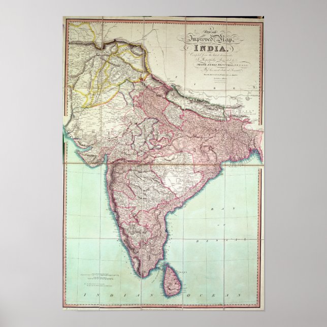 Poster Carte améliorée de l'Inde publiée à Londres 1820 (Devant)