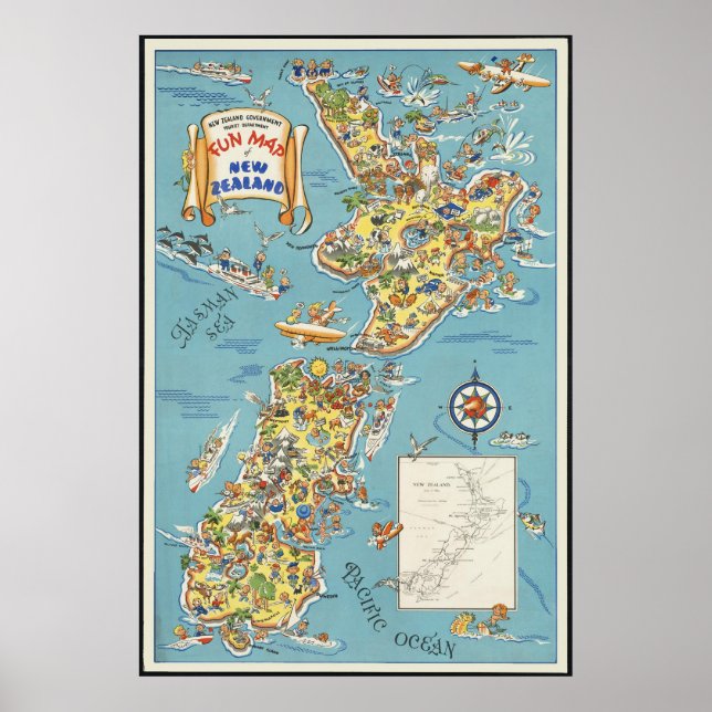 Poster Carte amusante de la Nouvelle-Zélande (Devant)
