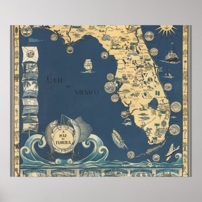 Poster Carte ancienne de la péninsule de Floride (Devant)