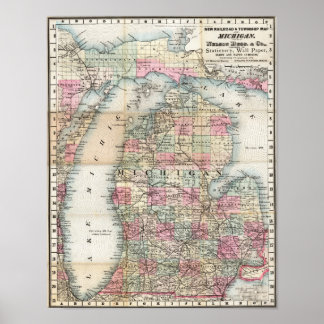 Poster Carte ancienne de la région du Michigan 1878