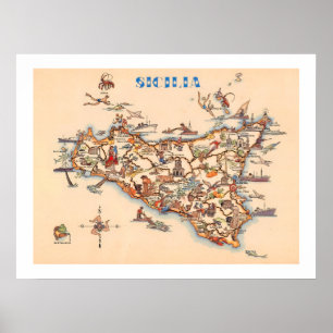 Poster Carte ancienne de la Sicile imprimée