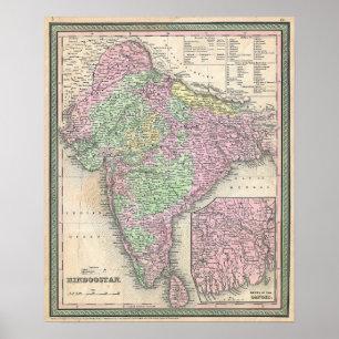 Poster Carte ancienne de l'Inde, 1853
