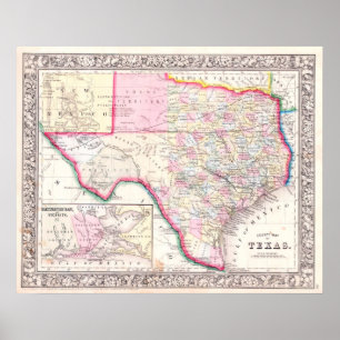 Poster Carte ancienne du Texas, 1864
