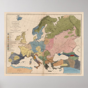 Poster Carte anthropologique vintage de l'Europe (1861)