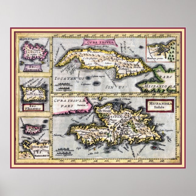 Poster Carte antique de Cuba, Haïti, Caraïbes (Devant)