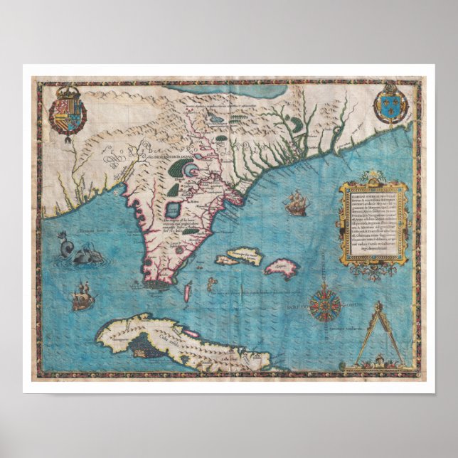 Poster Carte antique de Floride et Cuba (Devant)