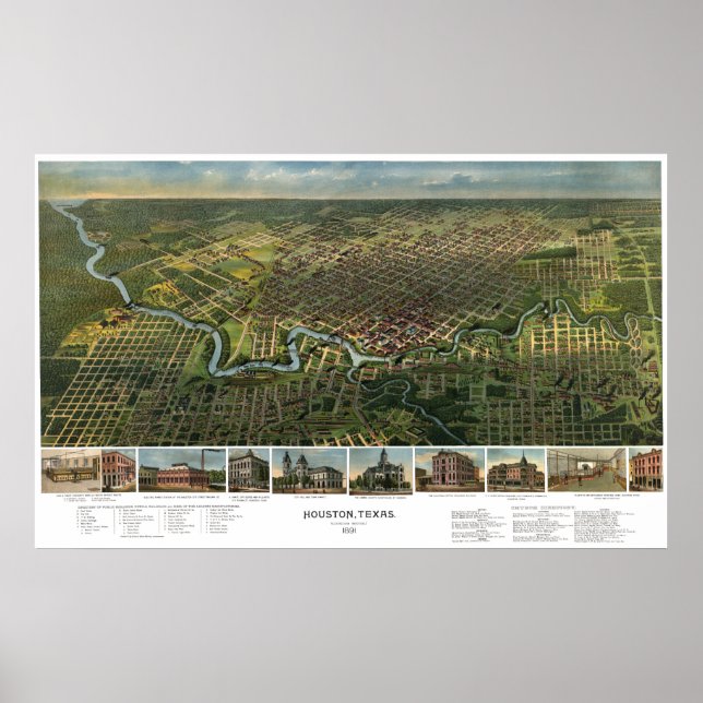 Poster Carte antique de Houston, Texas avec la rivière Bu (Devant)