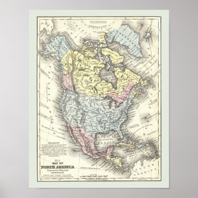 Poster Carte antique de l'affiche de l'Amérique du Nord (Devant)