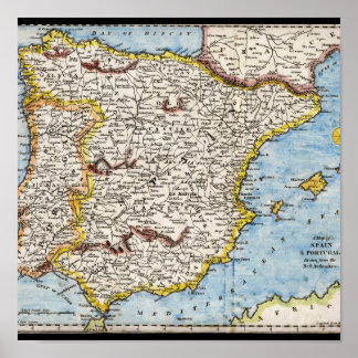 Poster Carte antique de l'Espagne et du Portugal vers les