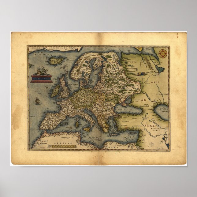 Poster Carte antique de l'Europe ORTELIUS ATLAS 1570 A.D. (Devant)