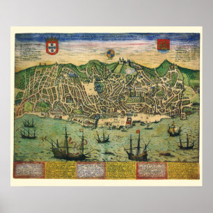 Poster Carte antique de Lisbonne, Portugal par Braun/Hoge