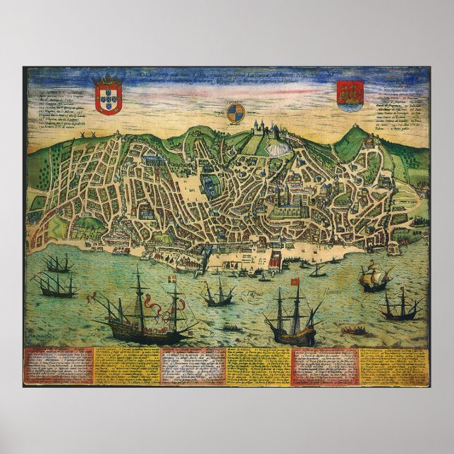 Poster Carte antique de Lisbonne, Portugal par Braun/Hoge (Devant)