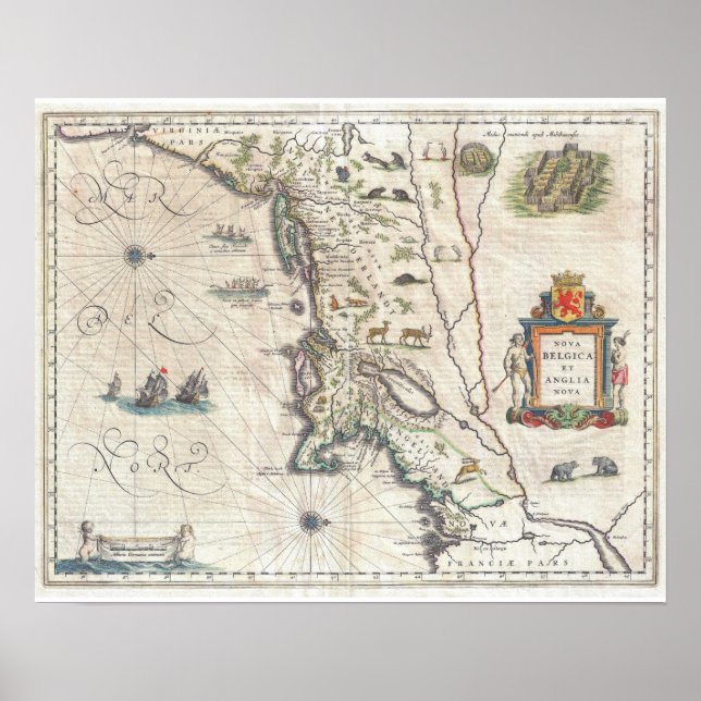 Poster Carte antique de New York, Nouvelle-Angleterre (Devant)
