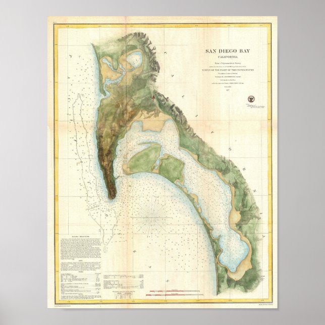 Poster Carte antique de San Diego Bay California (Devant)