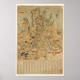 Poster Carte antique de Sydney Australie
