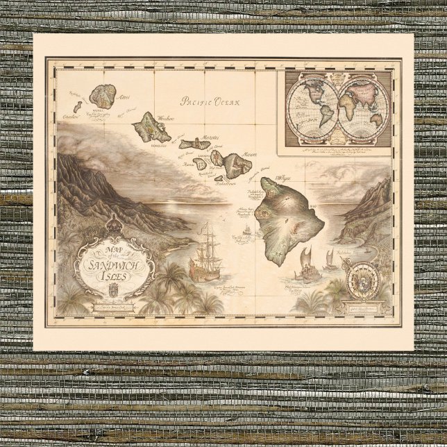 Poster Carte antique des îles Sandwich, Hawaii 1700 (Créateur téléchargé)