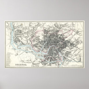 Poster Carte antique du 19ème siècle de Bristol